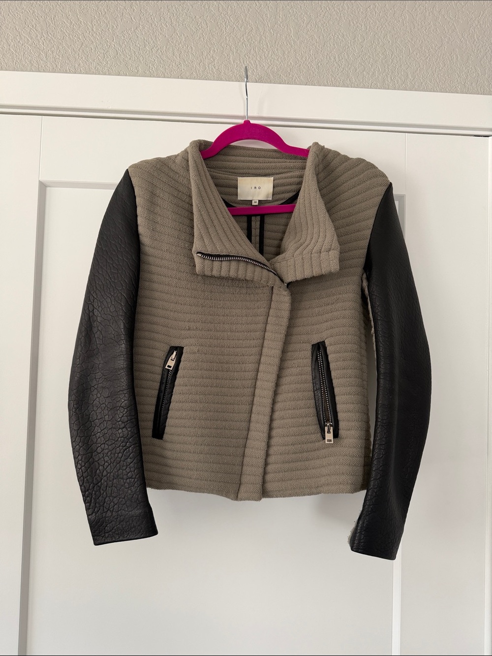 Womens Taupe Quilted Jacket with Black Faux-Leather Sleeves